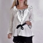 Blusa em Viscose com Mangas Longas Babado Debrum Preto Branca M