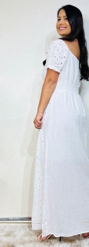 Vestido Longo em Algodão e Lese com Mangas Curtas Ciganinhas Vestido Longo em Algodão e Lese com Mangas Curtas Ciganinhas