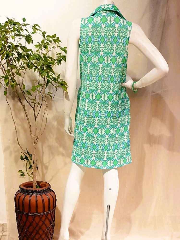Vestido Longuete Chemisie com Spandex Estampa Ikat Verde e Nude Vestido Longuete Chemisie com Spandex Estampa Ikat Verde e Nude
