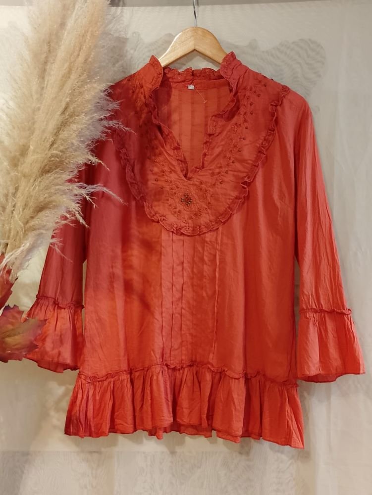 Bata em Algodão com Mangas Longas Pala Jabot Queimado Bata em Algodão com Mangas Longas Pala Jabot Queimado