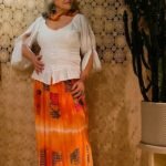 Saia Longa em Viscose Godê Patchwork Estampa e Tie Dye Laranja