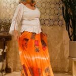 Saia Longa em Viscose Godê Patchwork Estampa e Tie Dye Laranja