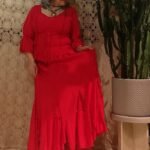 Saia Longa em Viscose e Nesgas Renda Godê e Lastex Vermelha