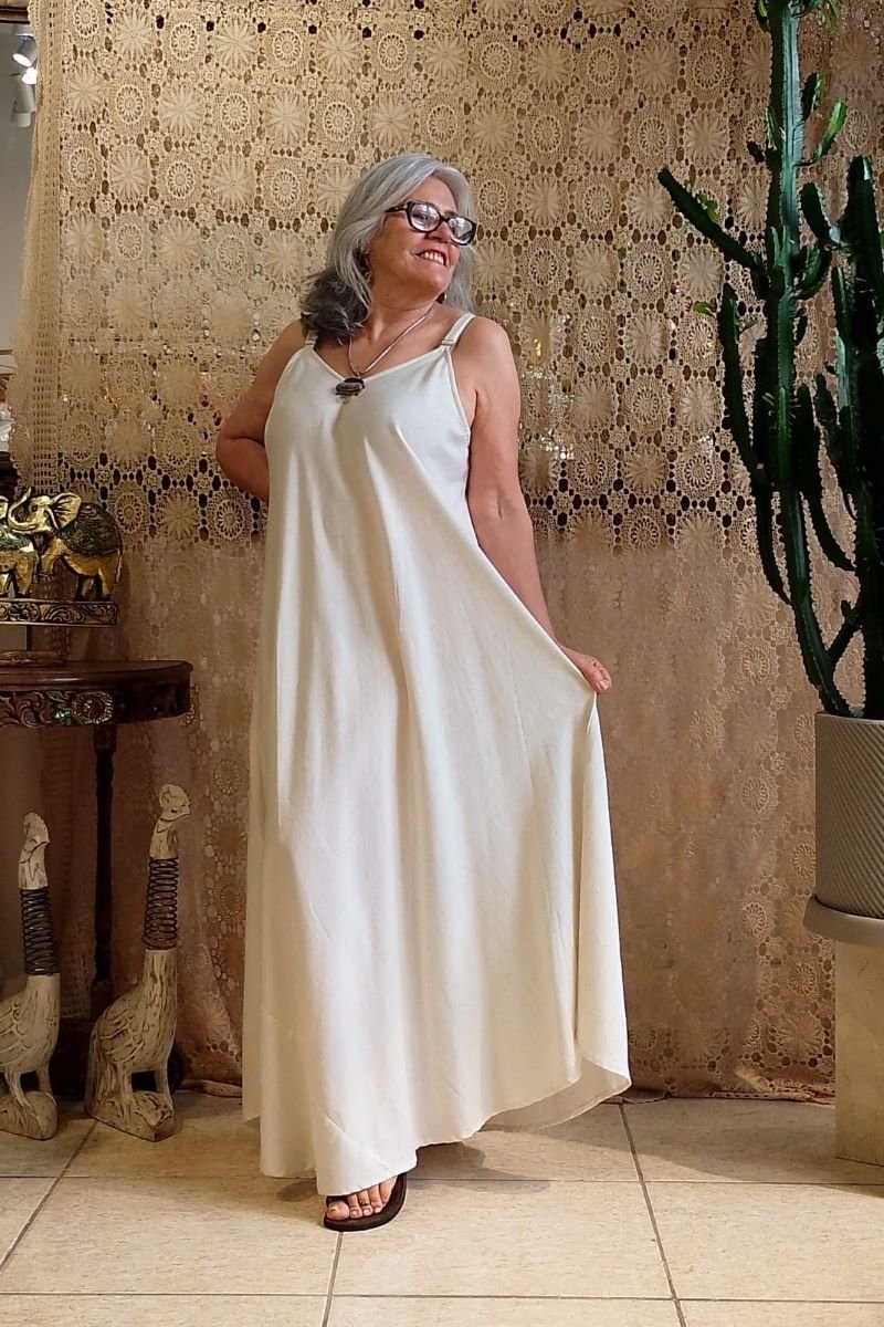 Vestido Longo Trapézio em Algodão com Alça Off GG