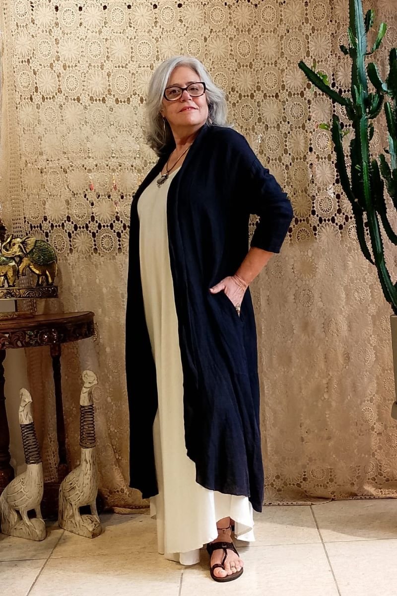 Kimono Longo em Linho Ita com Mangas Longas Preto C