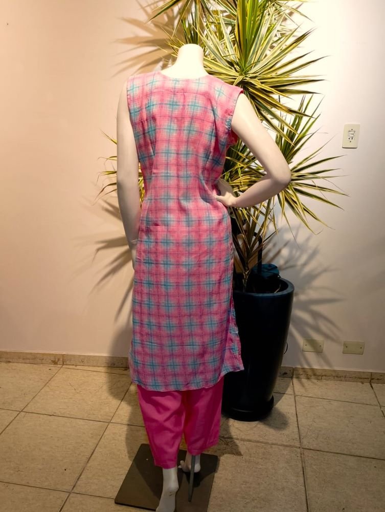 Punjab em Algodão Bordado Xadrez Azul e Rosa M