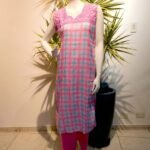 Punjab em Algodão Bordado Xadrez Azul e Rosa M