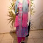 Punjab em Algodão Bordado Xadrez Azul e Rosa M