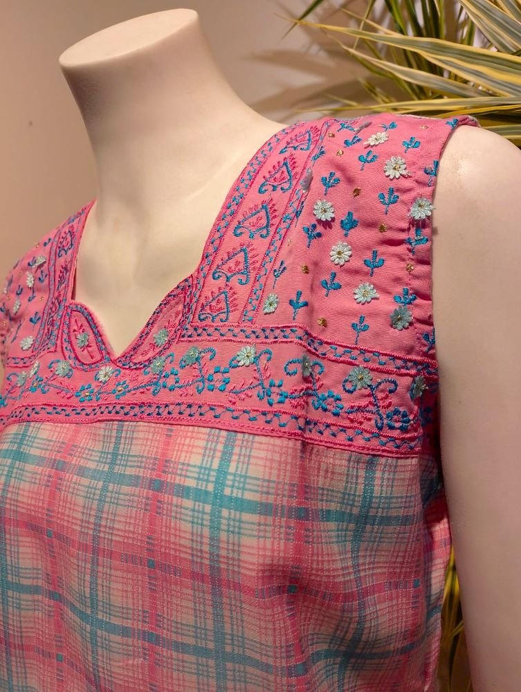 Punjab em Algodão Bordado Xadrez Azul e Rosa M