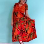 Vestido Longo em Viscose Patchwork Mangas Curtas Gola Pe Laranja Marron M