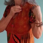 Vestido Longo em Viscose Patchwork Mangas Curtas Gola Pe Laranja Marron M