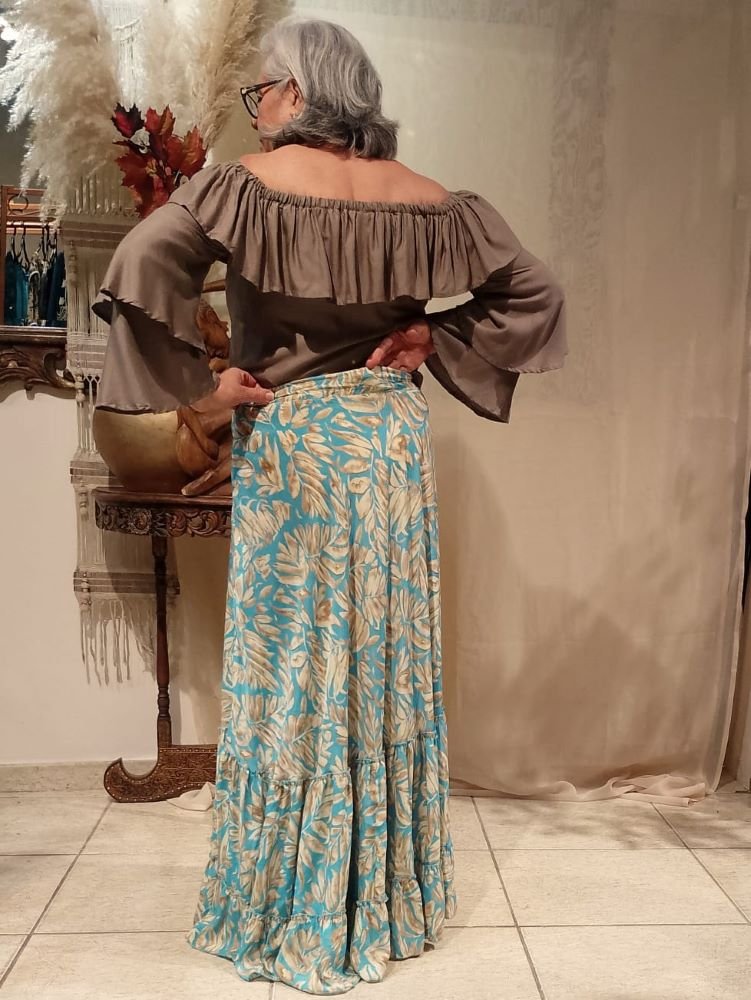 Saia Longa em Seda Indiana Godê com Pala Estampada Creme e Azul C