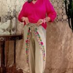 Calça Envelope Viés em Viscose Estonada Bordada Colors Areia G