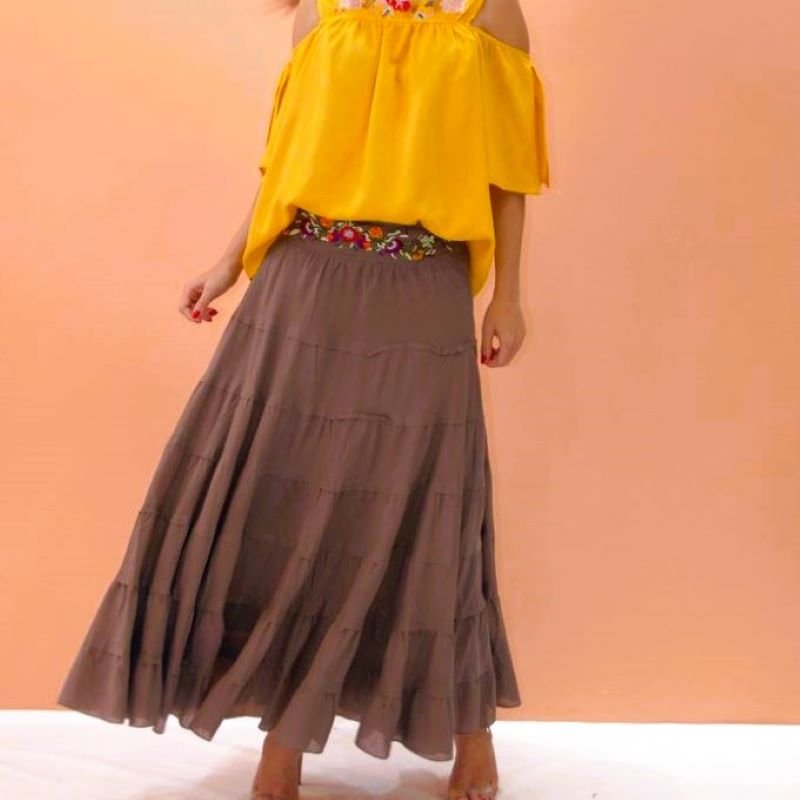 Saia Longa em Algodão Pala Bordada 3 Marias Marron