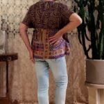 Bata Kaftan Curta em Seda Decote V Estampa Pistache e Roxo M