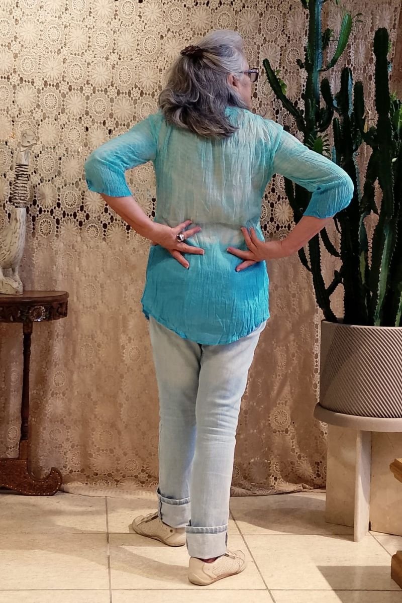 Bata em Algodão com Meias Mangas Tie Dye Azul Decote Careca Perola Branca G