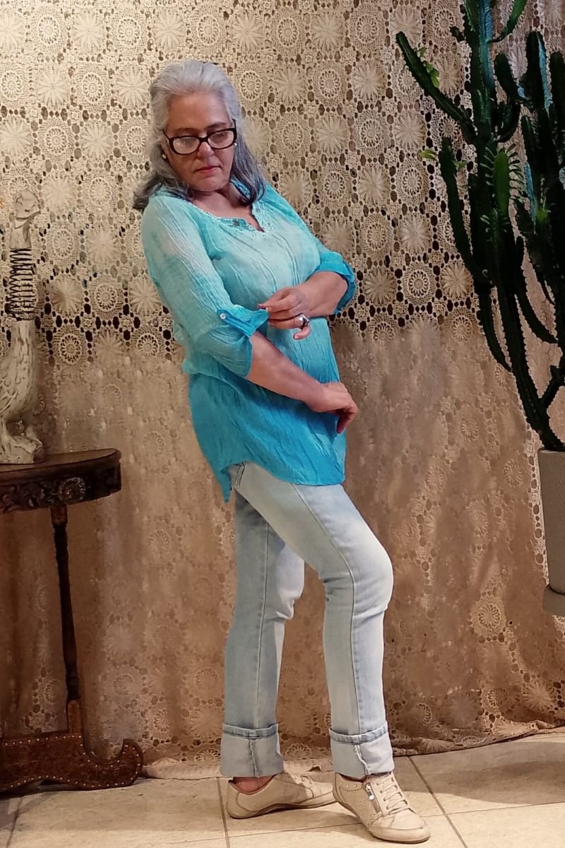 Bata em Algodão com Meias Mangas Tie Dye Azul Decote Careca Perola Branca G