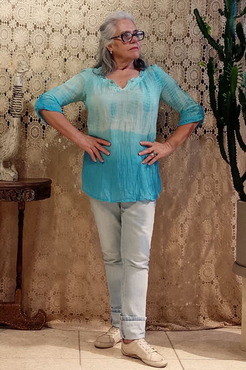 Bata em Algodão com Meias Mangas Tie Dye Azul Decote Careca Perola Branca G