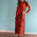 Vestido Longo em Viscose Patchwork Mangas Curtas Gola Pe Laranja Marron M