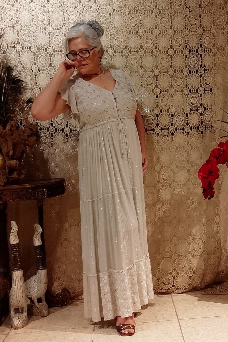 Vestido Longo em Viscose e Layse com Fios Lurex Manga Curta Cinza G