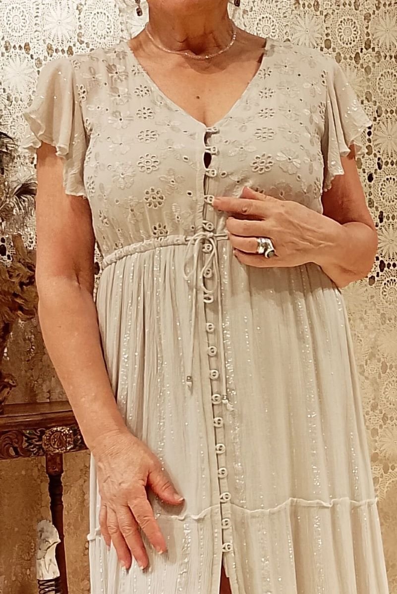 Vestido Longo em Viscose e Layse com Fios Lurex Manga Curta Cinza G