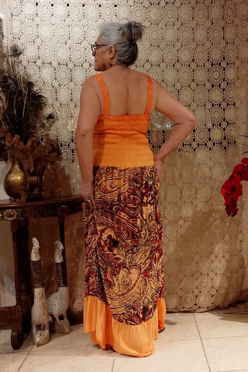 Vestido Longo em Viscose com Alça e Cropped Patchwork Salmon