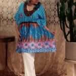 Kaftan Média em Algodão Estampada Gola Marron Azul