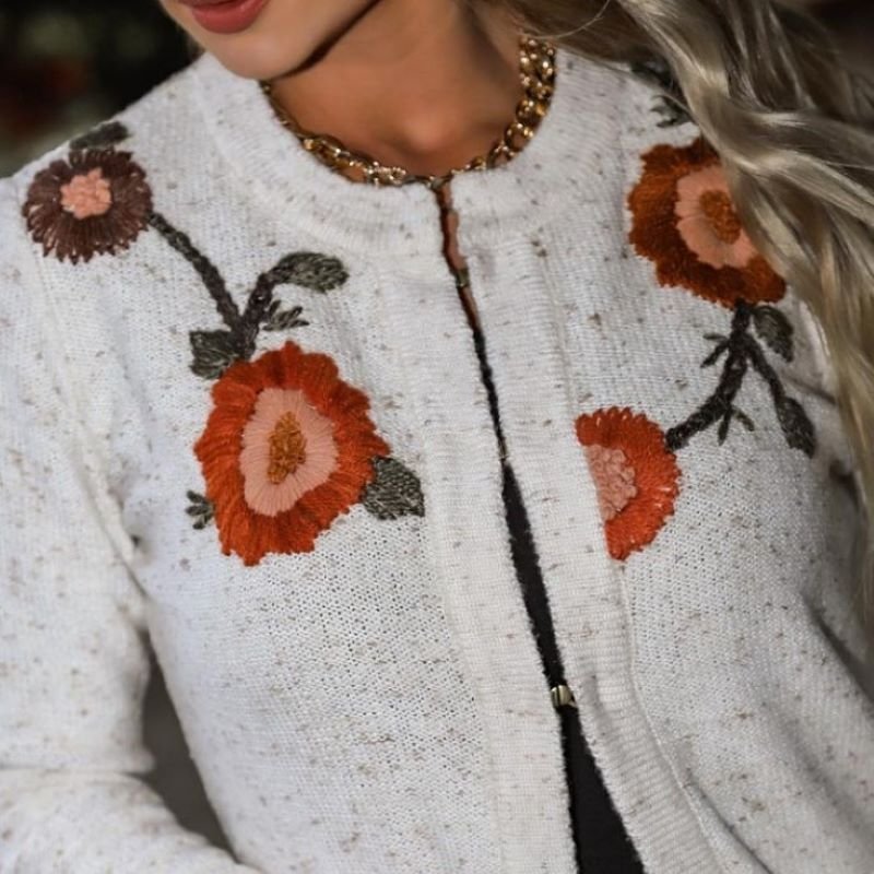 Casaco em Lã Bordado Manual com Mangas Longas Off White M