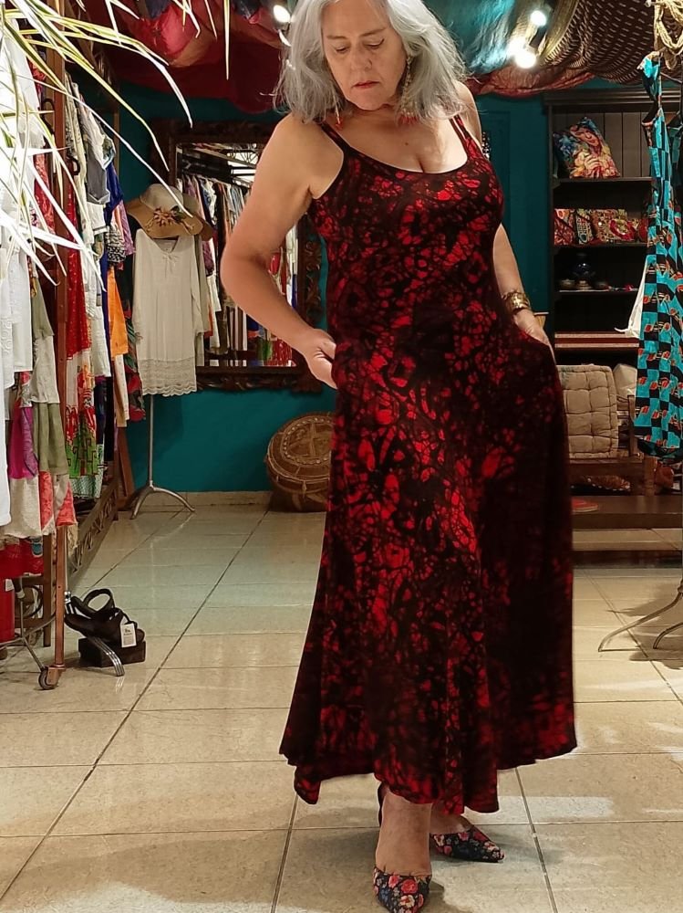 Vestido Longo em Viscolycra com Alça Batik Print Vermelho e Preto M