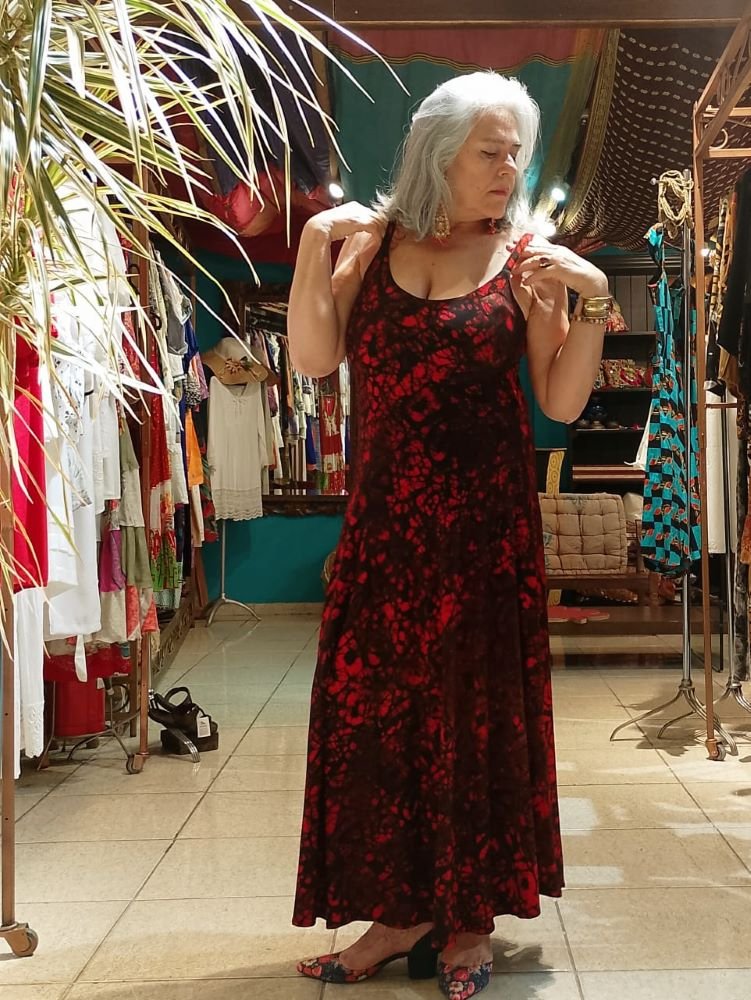 Vestido Longo em Viscolycra com Alça Batik Print Vermelho e Preto M