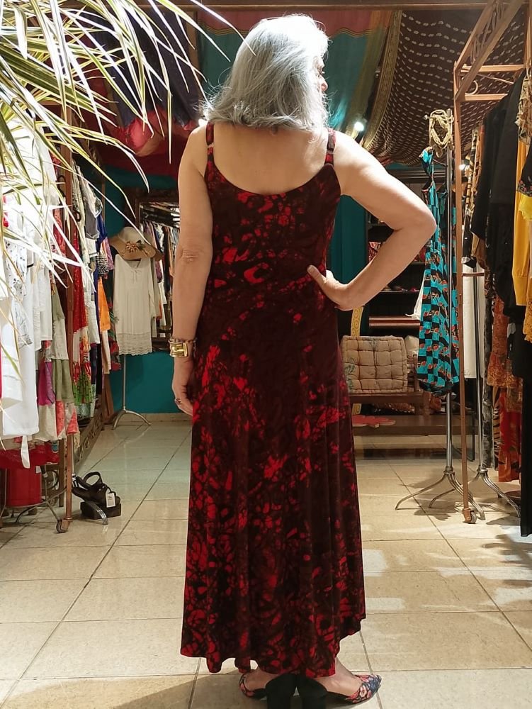 Vestido Longo em Viscolycra com Alça Batik Print Vermelho e Preto M