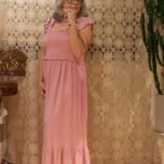 Vestido Longo em Viscose Corpo Lastex Alça Babado Rosa