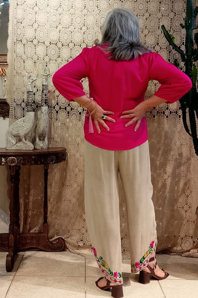 Calça Envelope Viés em Viscose Estonada Bordada Colors Areia G