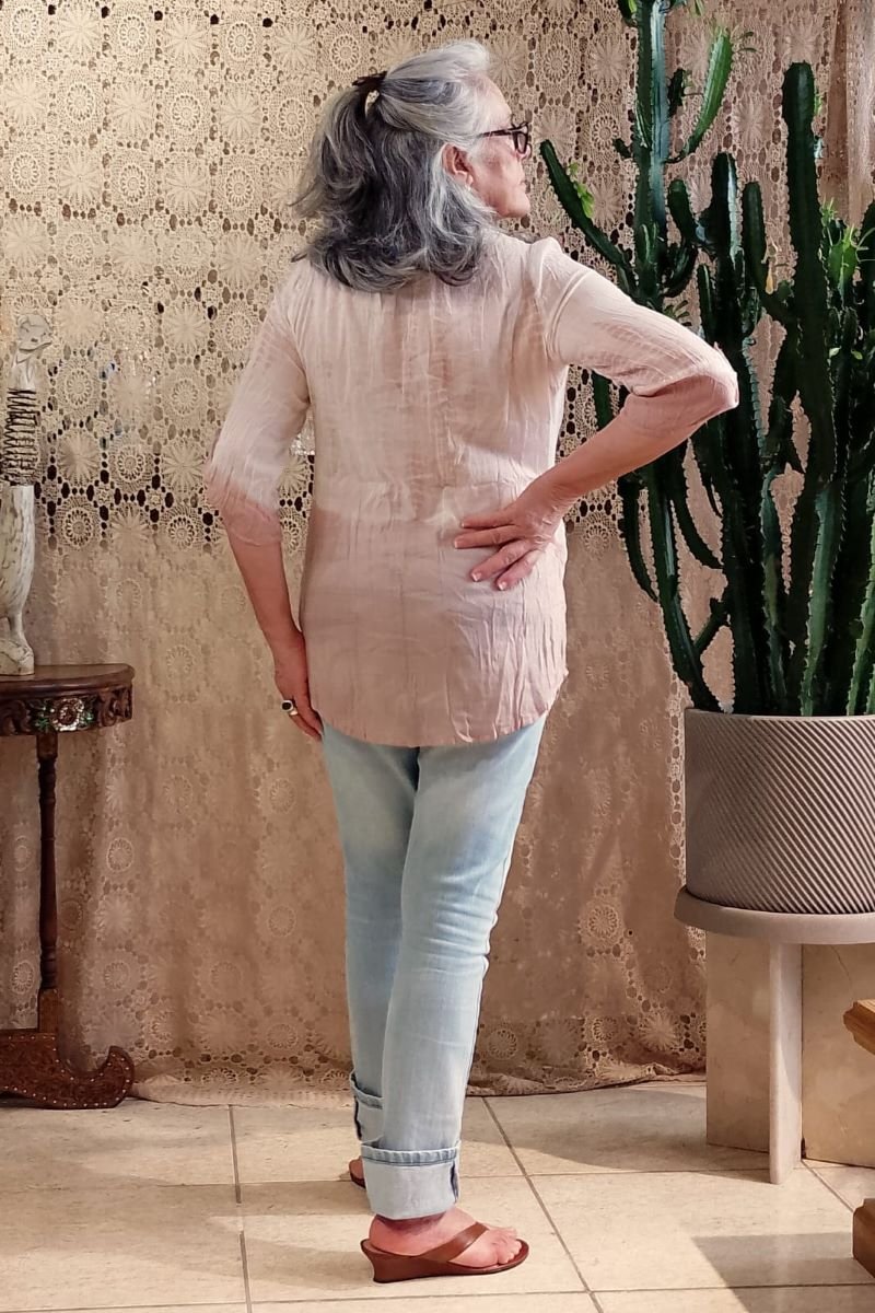 Bata em Algodão com Meias Mangas Tie Dye Rosa Decote Careca Perola Branca G