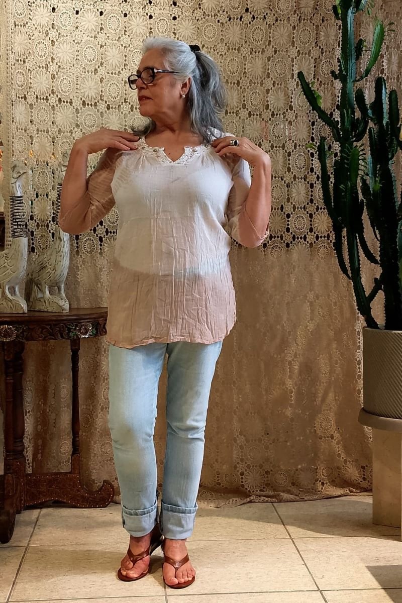 Bata em Algodão com Meias Mangas Tie Dye Rosa Decote Careca Perola Branca G