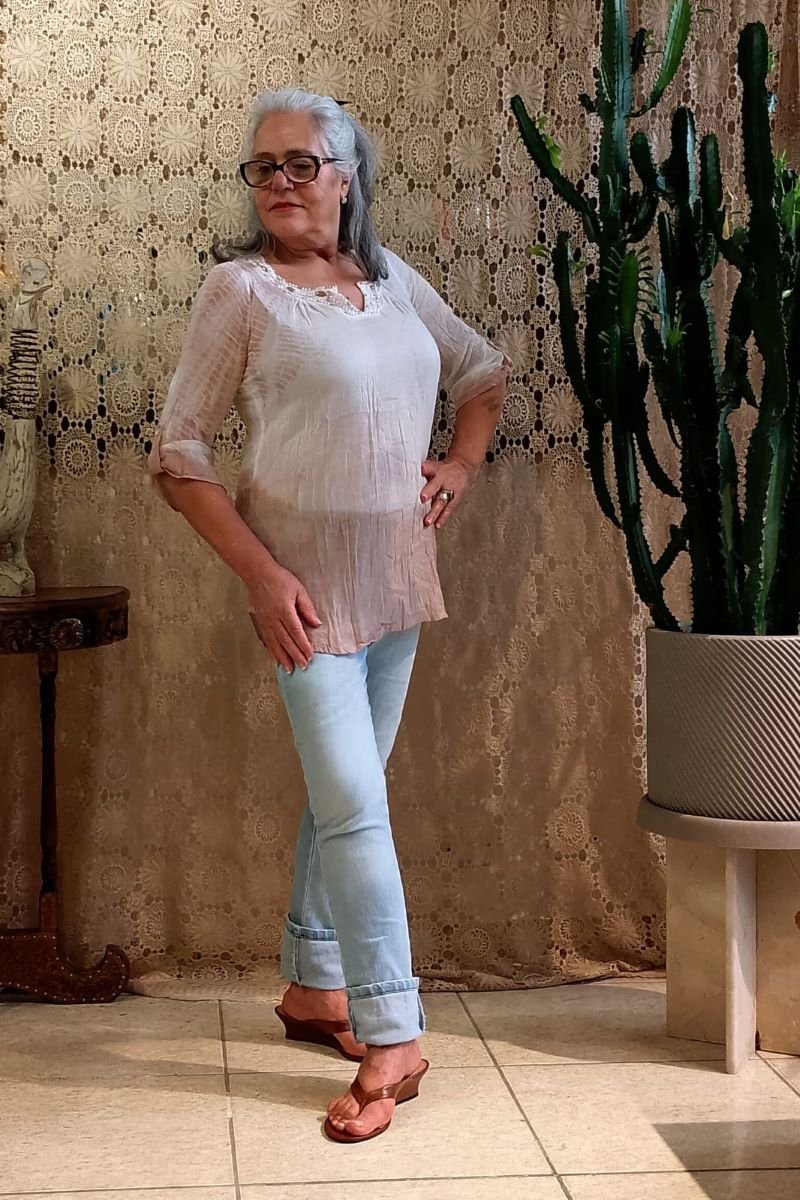 Bata em Algodão com Meias Mangas Tie Dye Rosa Decote Careca Perola Branca G