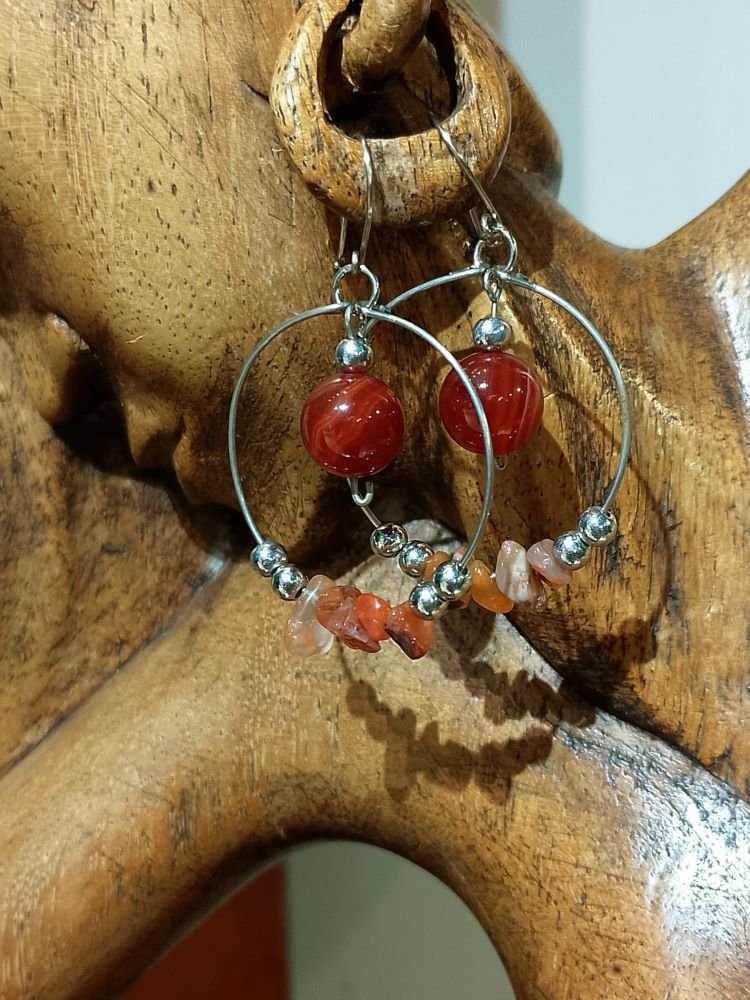 Brinco Prateado com Argola Aro Fino e Pedras Naturais