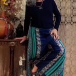 Calça Pantalona em Seda Indiana Estampada Verde e Marinho G