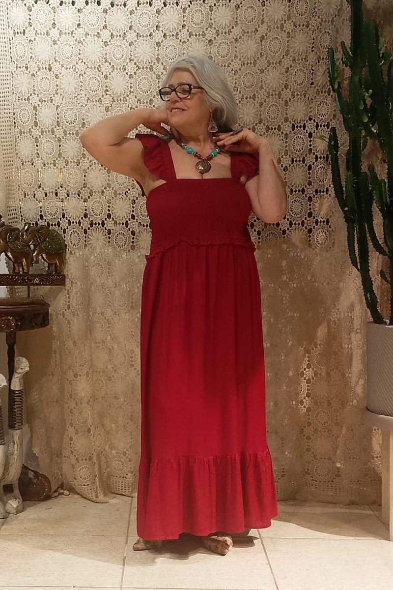 Vestido Longo em Viscose Corpo Lastex Alça Babado Vinho