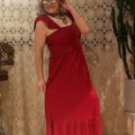 Vestido Longo em Viscose Corpo Lastex Alça Babado Vinho