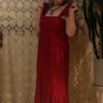 Vestido Longo em Viscose Corpo Lastex Alça Babado Vinho