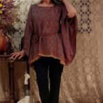 Kaftan Média Buraco em Seda Indiana Estampada Arabesco Turquesa e Vermelho