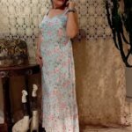 Vestido Longo em Viscose Alça Estampa Floral Azul Claro e Rosa G