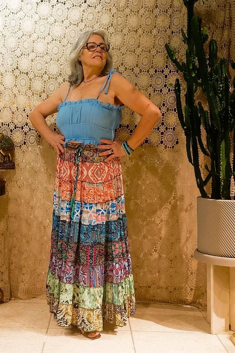 Saia Longa em Seda Indiana Patchwork Estampadas Diversas