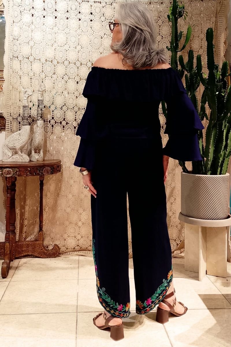 Bata Ciganinha em Viscose Babado Mangas Sino Marinho G Bata Ciganinha em Viscose Babado Mangas Sino Marinho G
