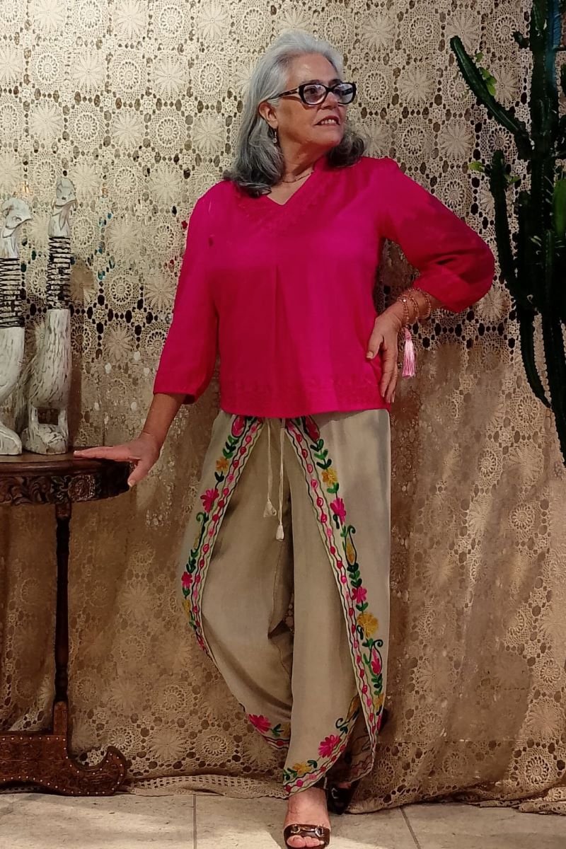 Calça Envelope Viés em Viscose Estonada Bordada Colors Areia G
