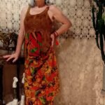 Vestido Longo em Viscose Patchwork com Alça Marron e Laranja GG