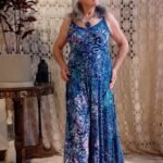 Vestido Longo em Viscolycra com Alça Batik Print Azul e Rosa M