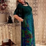 Vestido Longo em Viscose Patchwork com Mangas Curtas Corpo Ribana Turquesa M