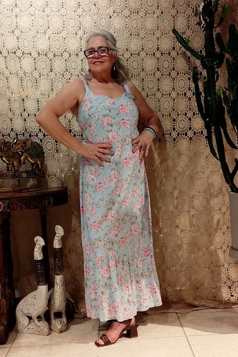 Vestido Longo em Viscose Alça Estampa Floral Azul Claro e Rosa G